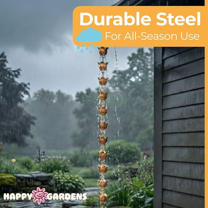 Happy Gardens Handcrafted Lily Cup Rain Chain (Flamed Finish) Outdoor Metal Hanging Rainwater Catcher for Outside Yard Gutter Downspout Substitute for Drainage