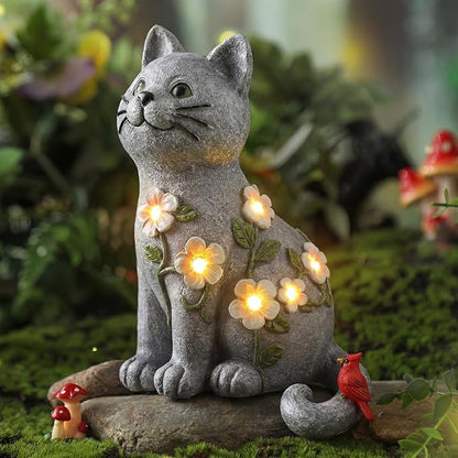 Amyhill Cat Outdoor Statues for Garden Decor Solar Light with Cardinal Flower for Outside Art Lawn Ornaments Porch Patio Balcony Home House Birthday Gifts for Grandma Mom Women