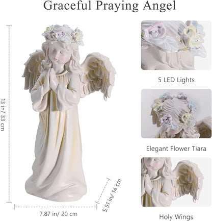 Angel Garden Statue,Memory Guardian Solar Garden Decor with Warm Light,Waterproof Outdoor Garden Decor Praying Angel Figurine Sculpture for Lawn Yard Patio,Sympathy Present,White