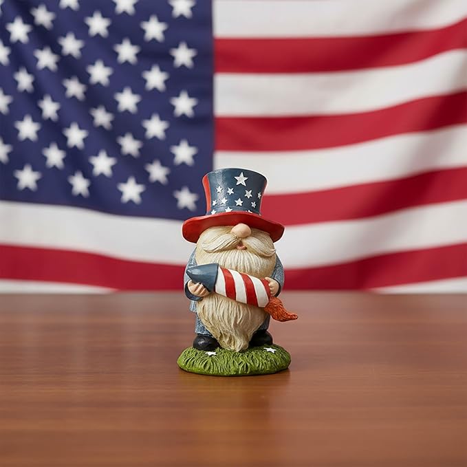 Patriotic Garden Gnome Statue with Firework – Resin Fourth of July Gnome Decoration for Yard, Garden & Home, Independence Day Decor