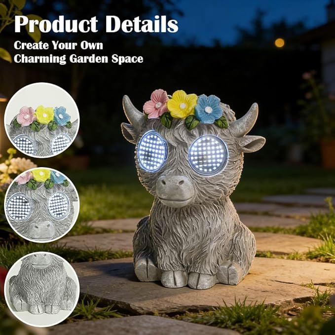 Outdoor Solar Garden Statue, Dynamic LED Light with Flower Sculpture, Art Decor for Patio Porch Lawn Backyard, Housewarming Gifts for Women (Stone Highland Cow)