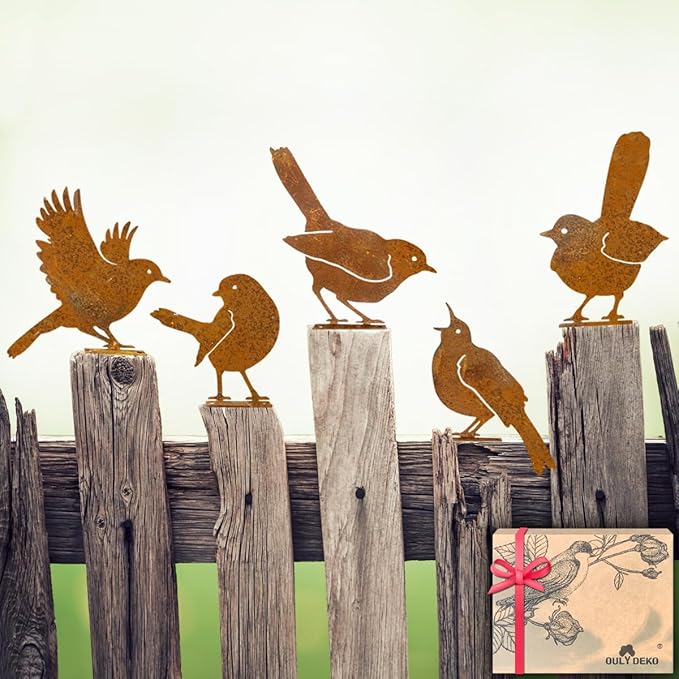 OULYDEKO 5PCS Rusty Birds Decoration,Outdoor Bird Wall Decor,Metal Birds Yard Decor, Metal Birds Craft Statue Ornaments - Garden Sculptures and Yard Art, Fence Decorations Outdoor,Rustic Garden Decor