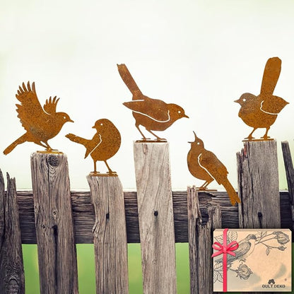 OULYDEKO 5PCS Rusty Birds Decoration,Outdoor Bird Wall Decor,Metal Birds Yard Decor, Metal Birds Craft Statue Ornaments - Garden Sculptures and Yard Art, Fence Decorations Outdoor,Rustic Garden Decor
