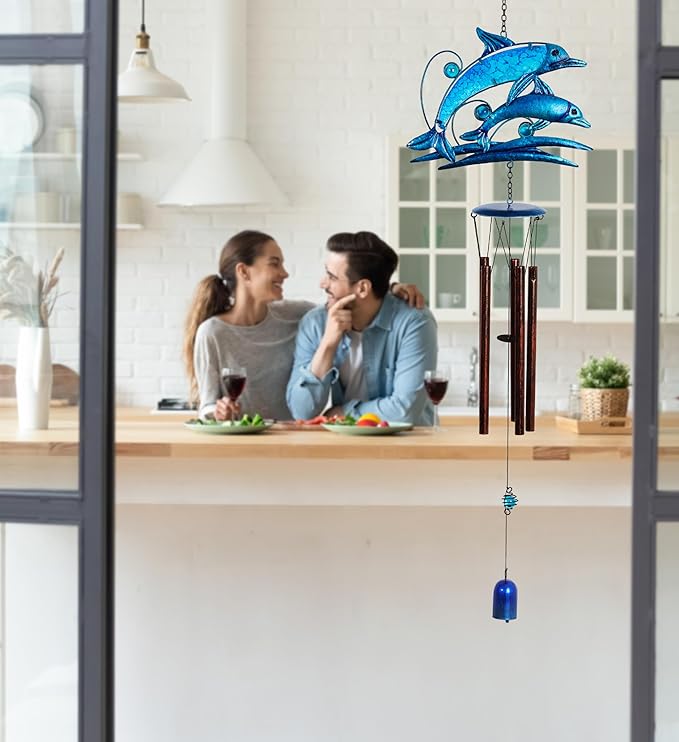 CoTa Global Jumping Dolphins Wind Chime - Handcrafted Glass and Metal Chime - Hanging Dolphins Decoration for Indoor and Outdoor Spaces, Hanging Ocean Animal Windchime Decor Gift - 35 Inches
