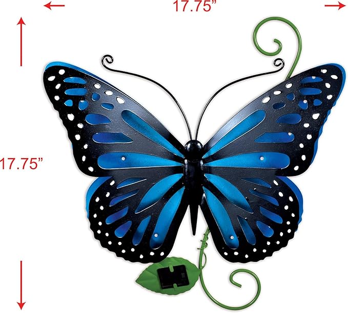 Sunset Vista Designs 94454 Outdoor Metal Sculpture Solar Lights Collection Hanging Yard and Garden Art for Fence or Wall, 17", Butterfly - Blue