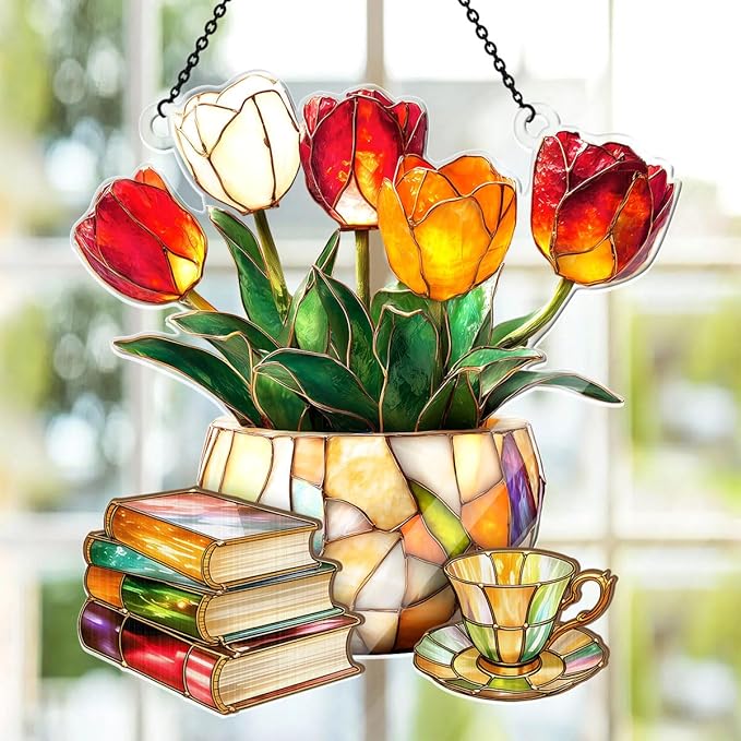 Jesuspirit - Window Hanging Suncatcher – Crystal Clear Acrylic & Wood Sun Catcher for Home Decor, for Women (Nostalgic Tulips, Books, and Tea -, 6 Inches)