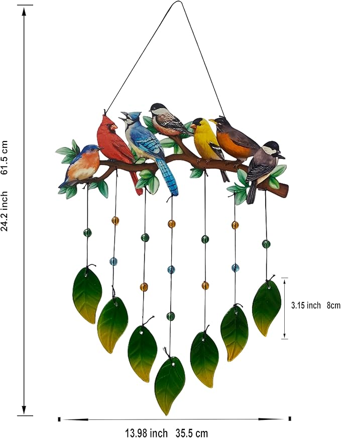 Red Cardinal Wind Chimes Outdoor - Colorful Metal & Glass Leaves Hanging Decor for Garden, Yard, Porch