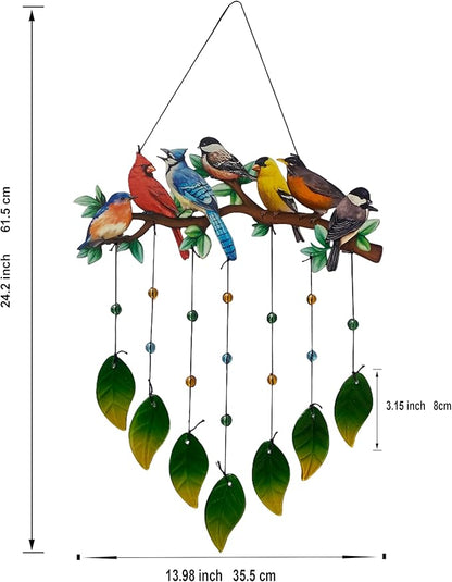Red Cardinal Wind Chimes Outdoor - Colorful Metal & Glass Leaves Hanging Decor for Garden, Yard, Porch