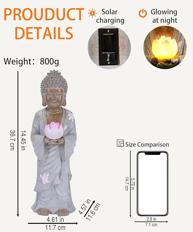 Nacome Solar Buddha Garden Statues with Lotus Flower: Resin Zen Decor Waterproof Sculpture Outdoor Light Design for Outside Patio Lawn Yard Balcony - 14.6 inches(White)