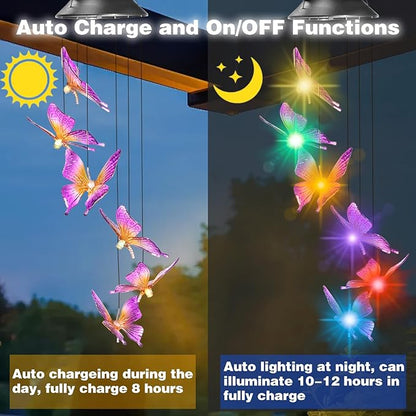 Bursvik Butterfly Solar Wind Chimes, Automatic Color Changing Hanging Solar Lights for Outside,IPX65 Waterproof Mobile Hanging Decorative for Garden Patio Yard,Birthday Gifts for Mom Women