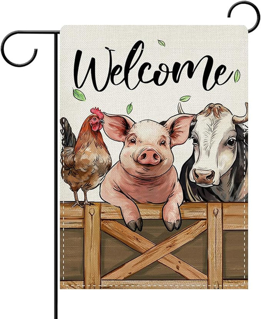 Dyrenson Welcome Farm Animals Decorative Garden Flag, Pig Cow Rooster Yard Outside Home Decoration, Farmhouse Burlap Outdoor Small Decor Double Sided 12 x 18