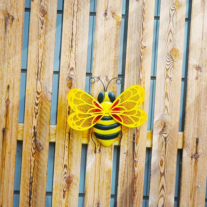 LIFFY Metal Bees Outdoor Decor, 2Pack 10 Inch Glass Bee Wall Art Sculptures for Home, Garden, Fence, Patio