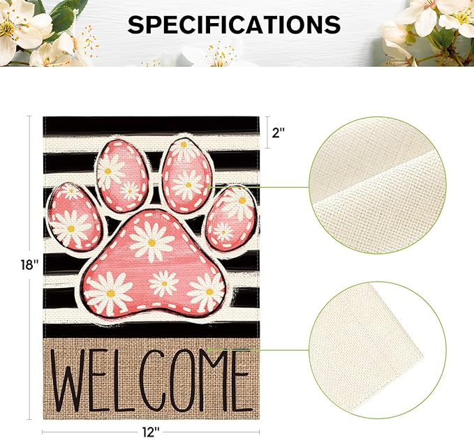 AVOIN colorlife Pink Paw Print Spring Garden Flag 12x18 Inch Double Sided Outside, Daisy Floral Welcome Stripes Yard Outdoor Flag