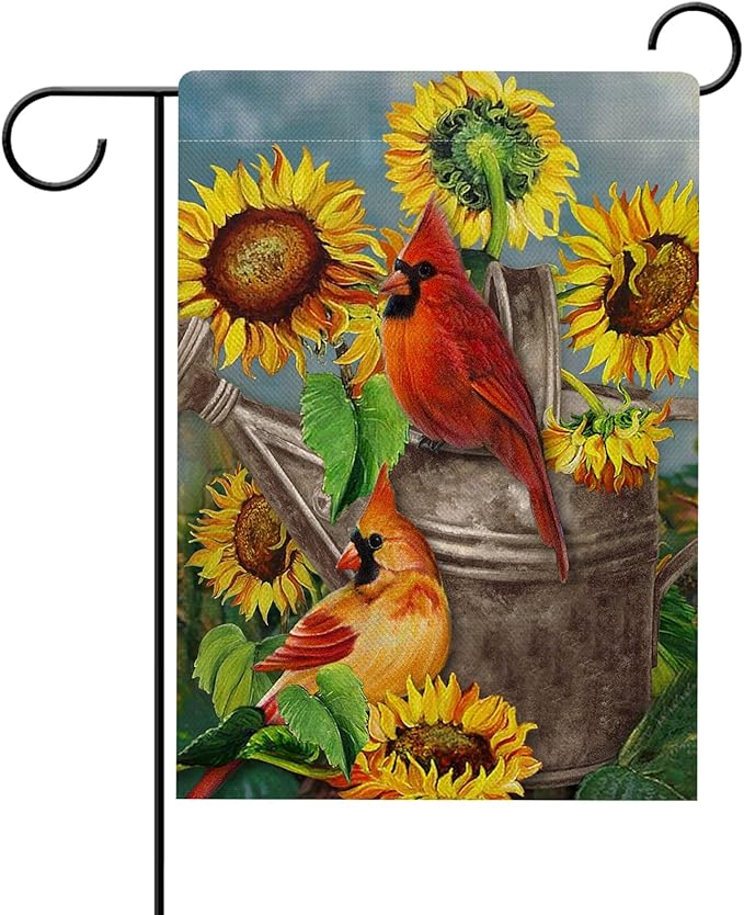 Hzppyz Fall Sunflower Cardinal Garden Flag Double Sided, Autmun Watercolor Flower Red Bird Decorative House Yard Outdoor Small Burlap Flag, Spring Summer Decor Farmhouse Home Outside Decoration 12x18