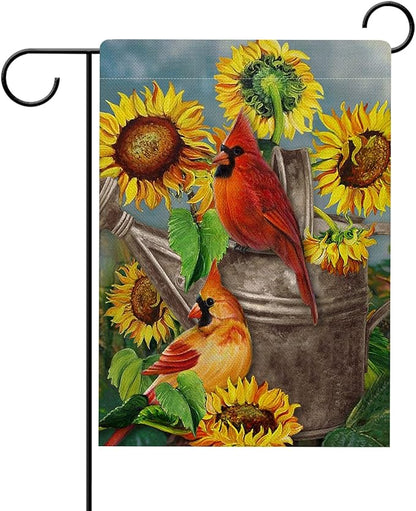 Hzppyz Fall Sunflower Cardinal Garden Flag Double Sided, Autmun Watercolor Flower Red Bird Decorative House Yard Outdoor Small Burlap Flag, Spring Summer Decor Farmhouse Home Outside Decoration 12x18
