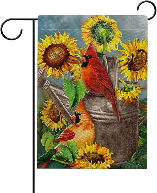 Hzppyz Fall Sunflower Cardinal Garden Flag Double Sided, Autmun Watercolor Flower Red Bird Decorative House Yard Outdoor Small Burlap Flag, Spring Summer Decor Farmhouse Home Outside Decoration 12x18