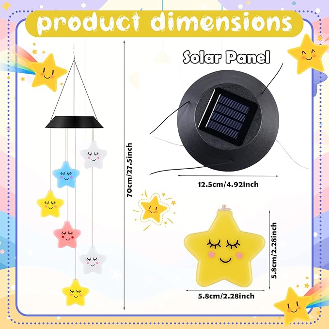 GlikCeil Star Solar Wind Chimes 27.5inch Outside Waterproof Hanging LED for Yard, Porch, Patio, Pajama Party, Color Changing Lights(Sleeping Star)