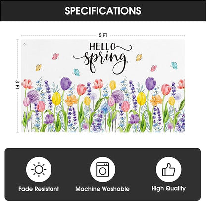 AVOIN colorlife Hello Spring Tulip Lavender House Flag 3x5 FT Double Sided, Seasonal Flower Large Banner Yard Outdoor Flag