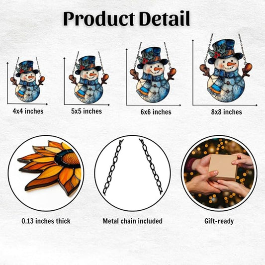 Snowman Cute Mistletoe Winter Scarf Acrylic Suncatcher Stained Glass Effect Window Car Hanging Christmas Ornament Indoor Outdoor Decor Garden Sun Catcher Panel for Women Mom Grandma