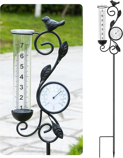32" Garden Rain Gauge with Thermometer - 7" Glass Tube for Outdoor Indoor Use, Patio Yard Decor Statue