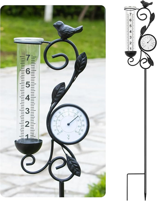 32" Garden Rain Gauge with Thermometer - 7" Glass Tube for Outdoor Indoor Use, Patio Yard Decor Statue