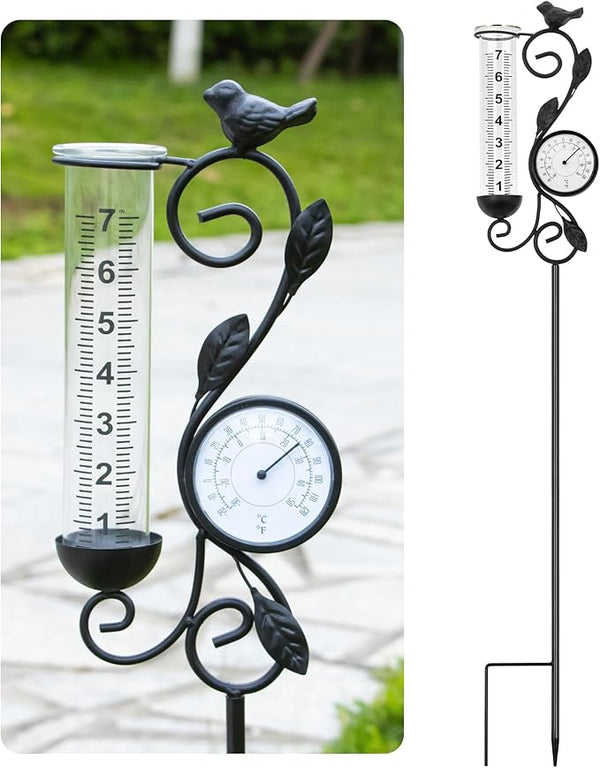 32" Garden Rain Gauge with Thermometer - 7" Glass Tube for Outdoor Indoor Use, Patio Yard Decor Statue