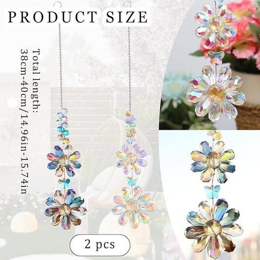 2 PCS Crystal Flower Sun Catcher Prisms Colorful Suncatcher Hanging Ornament Crystals Sunflower Rainbow Maker Suncatchers for Windows Hanging Indoor Outdoor Balcony Aesthetic Home Patio Garden Decor
