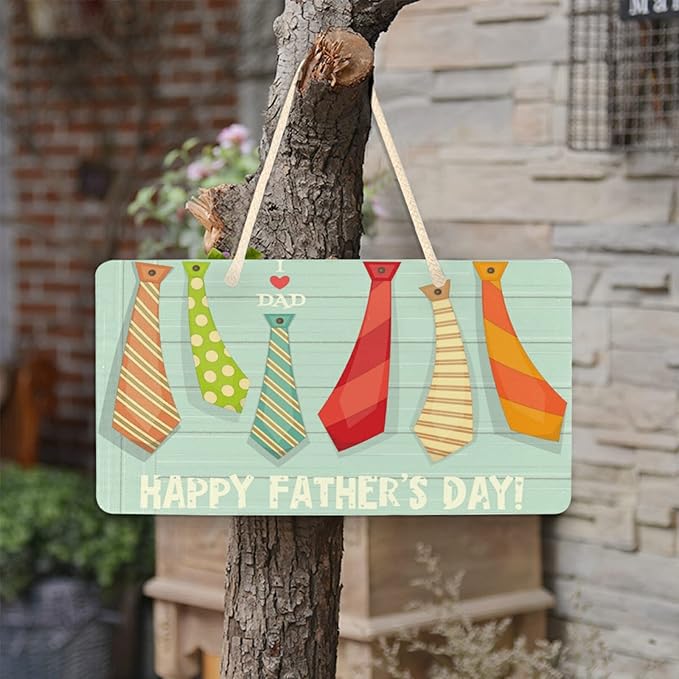 ALAZA Happy Father's Day Color Tie Wood Sign Wall Art Hanging Rustic Plaque Board Decor for Home Front Door Farmhouse Porch Garden Yard Sign 6"x11"