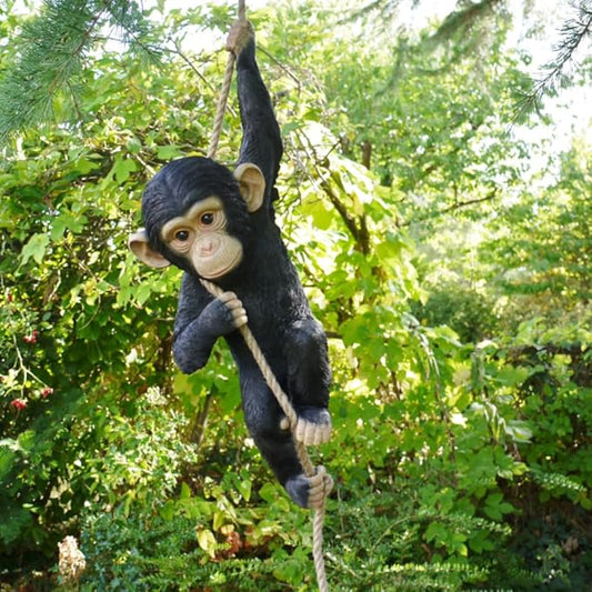 Hanging Monkey Outdoor Decor, Resin Statue on Rope for Front Porch, Patio, Yard, Tree Fence, Garden Ornament, Animal Decoration for Outside Spaces, 21.7 in