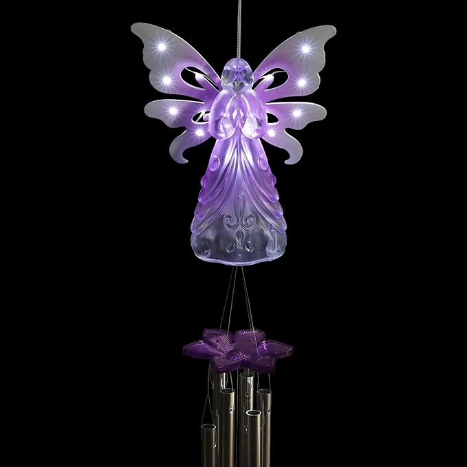 Exhart Wind Chimes, Solar Angel Wind Chime with Metal Wings, 13 LED Firefly Lights, Purple Acrylic Large Lawn and Yard Decoration, 6.5 x 4 x 42 Inch