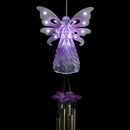 Exhart Wind Chimes, Solar Angel Wind Chime with Metal Wings, 13 LED Firefly Lights, Purple Acrylic Large Lawn and Yard Decoration, 6.5 x 4 x 42 Inch
