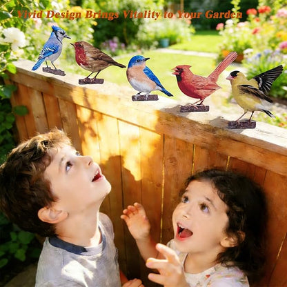 5PCS Vivid Metal Birds Fence Decor, Double-Sided Printed Garden Sculptures, Outdoor Bird Wall Decor, 2D Yard Art, Garden Bird Decoration for Patio, Balcony, Lawn, Bird Lovers