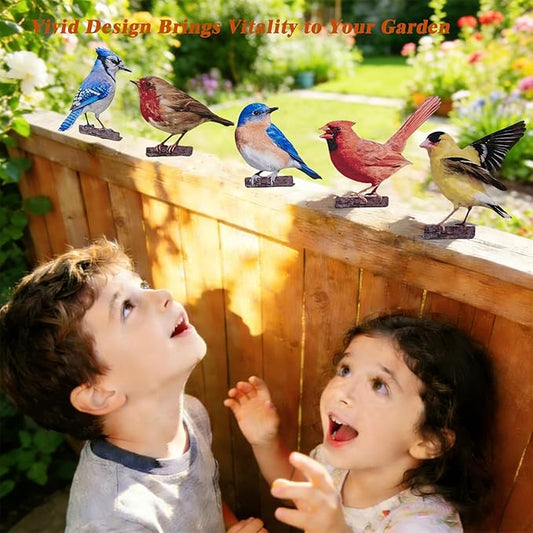 5PCS Vivid Metal Birds Fence Decor, Double-Sided Printed Garden Sculptures, Outdoor Bird Wall Decor, 2D Yard Art, Garden Bird Decoration for Patio, Balcony, Lawn, Bird Lovers
