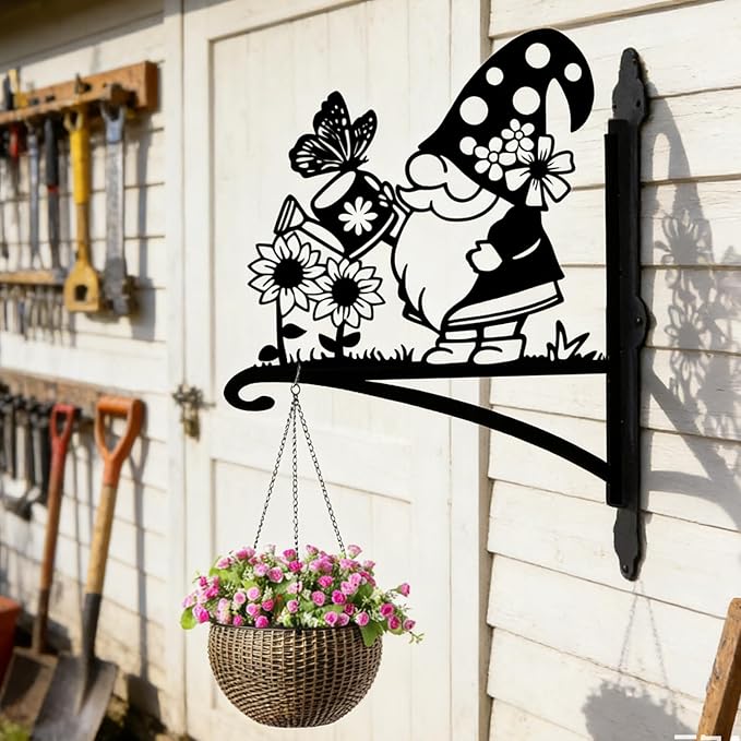 Rngmsi Gnome Plant Hangers Outdoor, Metal Wall Mounted Hanging Plant Bracket Outside, Flower Pot Bird Feeder Wind Chimes Hangers Decorations