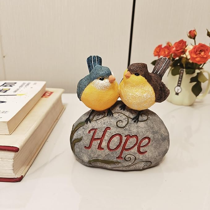 Bird Garden Statue, 6.31 Inch Lifelike Standing Bird with Hope Characters Stone, Small Resins Figurine for Home Table Outdoor Lawn Porch Patio Balcony Yard Decor (A)