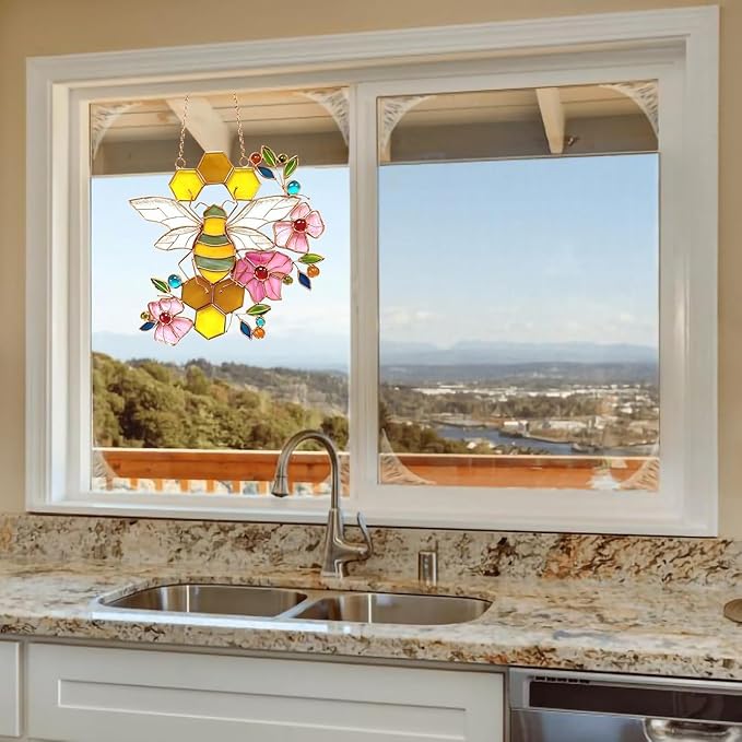 Honeybee with Flowers Ornaments Bee Handmade Stained Glass Window Hanging Suncatcher for Indoor/Outdoor Window Garden Home Kitchen Decor Gift for Women Teacher Bee Lover