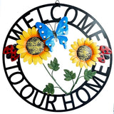 Hanging Sunflower and Butterfly Welcome Wreath, Outdoor Garden Ladybug Decor for Front Door, Porch or Backyard, Metal Construction