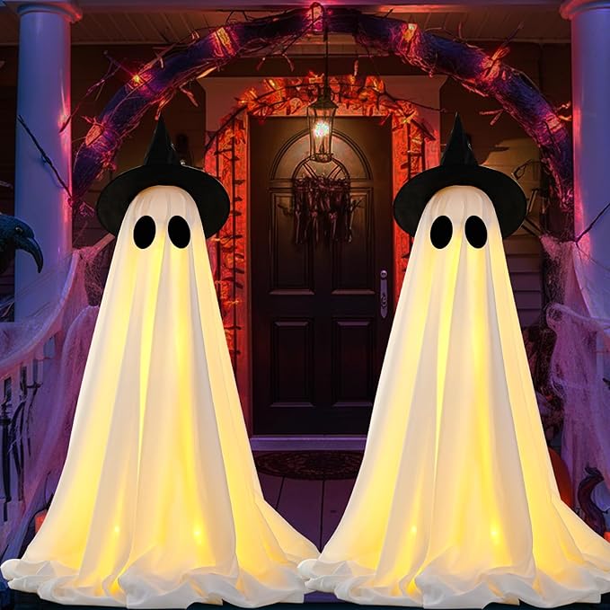 [Timer] 2Packs Halloween Decorations Outdoor, Cute Halloween Decorations Indoor, Spooky Ghost Halloween Decor with Witch Hat, Scary Ghosts Decor with LED Lights for Front Porche Yard Garden Home