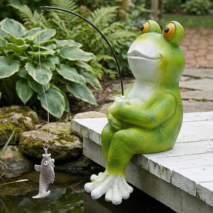 Elenon Funny Frog with Fishing Pole Garden Decorative, 9" Adorable Flower Bed Decor Frog Statue, Yard Patio Art Decor Sculptures Table Ornament