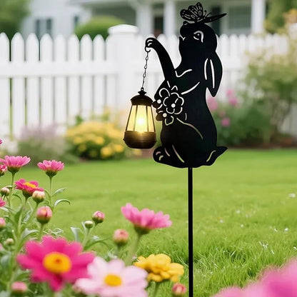 Solar Rabbit Garden Stakes Outdoor Solar Decor Metal Rabbit Holding Solar Lantern Decorative Garden Metal Flower Stakes Outdoor Rabbit Silhouette Stakes