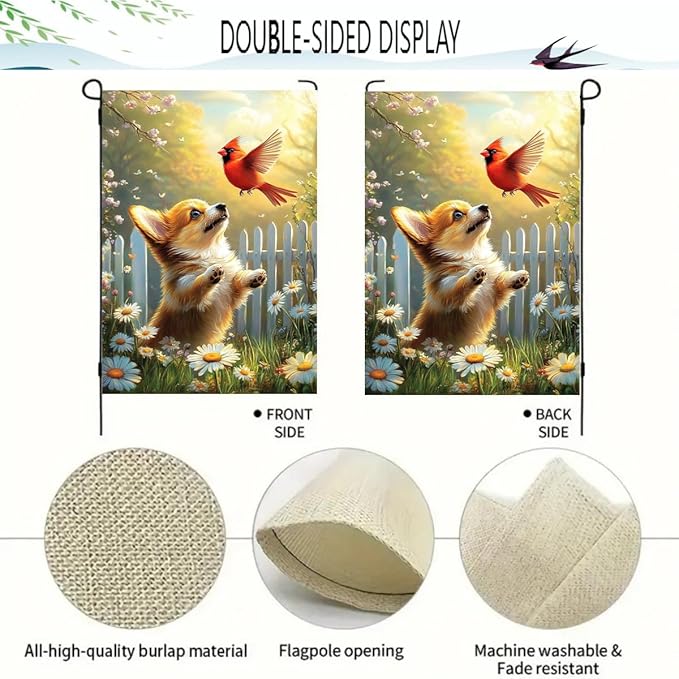 Spring Summer Garden Flags 12x18 Double Sided, Small Burlap Seasonal Cardinal Floral Corgi Dog Garden Flag Spring Summer Outdoor Yard Decorations for Outside Lawn Decor