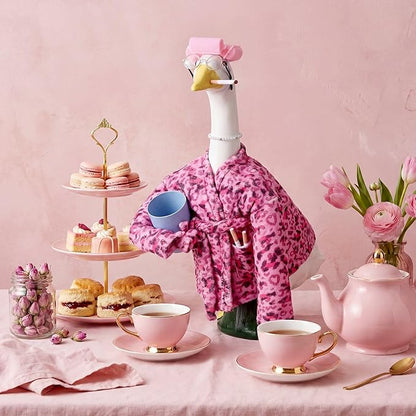 23 Inch Porch Goose Statue Outfits Set Pink Leopard Porch Goose Bathrobe Costumes with Clothes & Accessories for Patio Yard Garden Lawn Outdoor Decoration