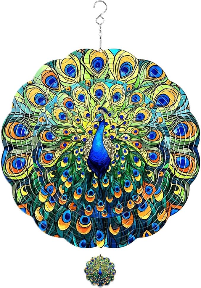 GENANY Peacock Hanging Wind Spinners for Women Men, 12 Inch Metal 3D, Stainless Steel Hanging Wind Catchers Sculpture for Outside, Spring Decoration Garden, Unique Gift