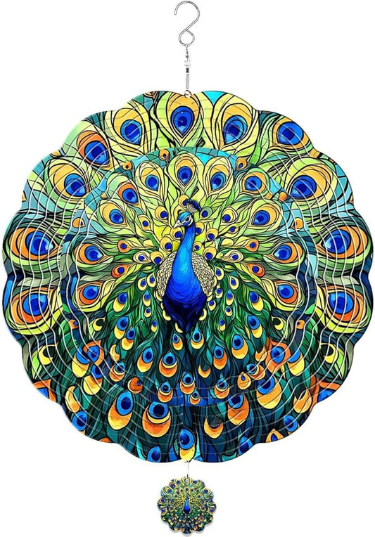 GENANY Peacock Hanging Wind Spinners for Women Men, 12 Inch Metal 3D, Stainless Steel Hanging Wind Catchers Sculpture for Outside, Spring Decoration Garden, Unique Gift