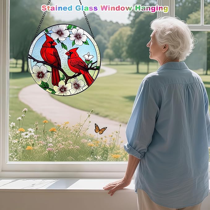 Cardinal Stained Glass,Red Bird Suncatcher for Window,7.8" Stained Glass Window Hanging,Cardinal Gift for Women,Hanging Stained Glass Home Decor