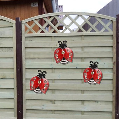 Metal Ladybugs Wall Art Decor, Large Ladybugs Wall Sculpture, Garden Decoration Hanging for Outdoor Garden Yard Lawn Patio, 9.5 * 7 Inch, 3 Pack, Gift for Family