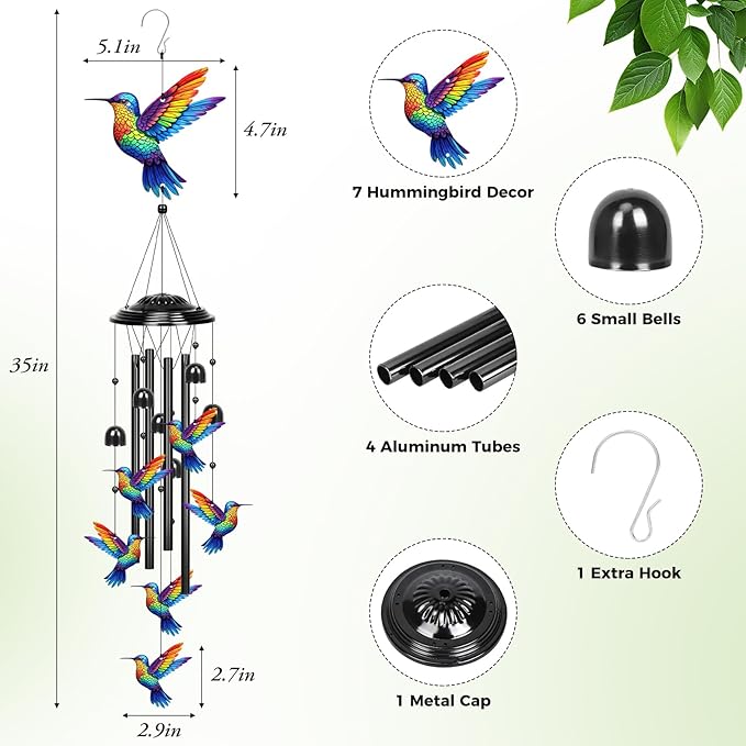 YHmall Wind Chimes for Outside, 35 in Mothers Day Hummingbird Gardening Gifts for Mom Women Grandma Colorful Metal Windchimes Outdoors Hummingbird Garden Decor for Home Yard Patio