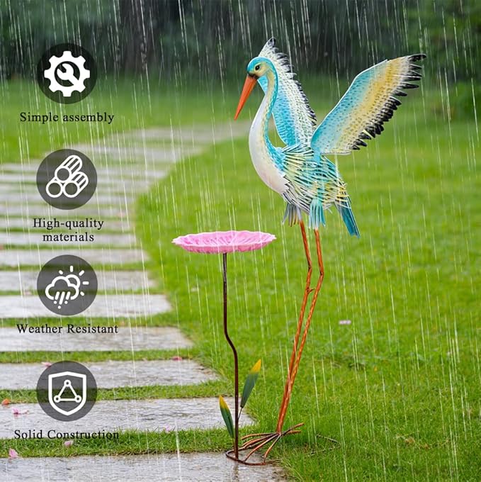 39“ Metal Heron Bird Statue with Pink Birdbath, Garden Statue Decor Yard Art for Lawn, Backyard - Unique Animal Figurine for Birthday, Housewarming, Christmas