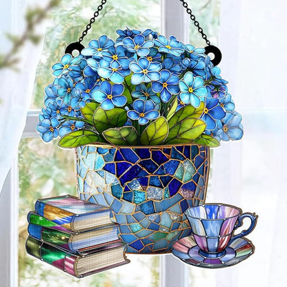 Jesuspirit - Window Hanging Suncatcher – Crystal Clear Acrylic & Wood Sun Catcher for Home Decor, for Women (Forget-Me-Not, Books, and Tea, 8 Inches)