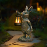 Rabbit Garden Statues with Solar Lantern Bunny Outdoor Resin Sculpture for Patio Yard Lawn Decorations Gifts for Mother’s Day Housewarming Easter